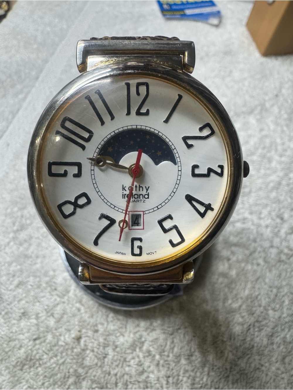 kathy ireland White Dial Moonphase Watch with Gold Accents and Red Second Hand